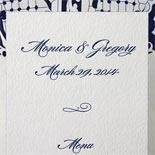 Monica and Gregory: dual language menus in navy letterpress